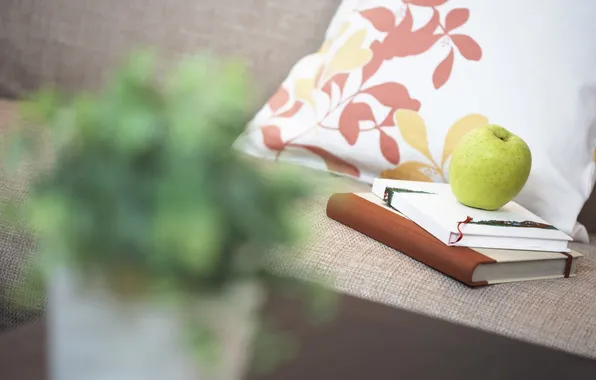 Greens, flowers, mood, books, apple, Apple, Notepad, pillow