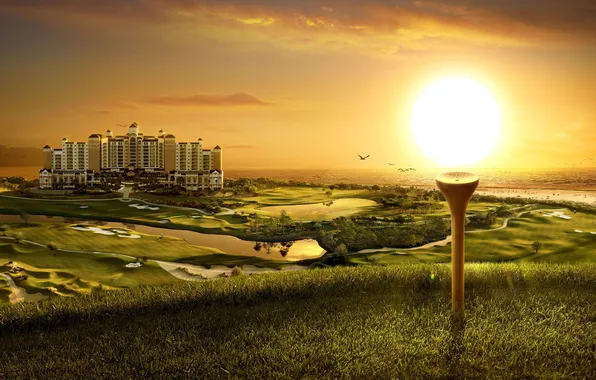 Picture grass, the sun, the building, field, lake, mansion, Golf