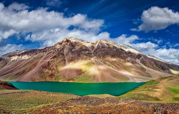 Picture mountains, lake, India, Chandra Taal