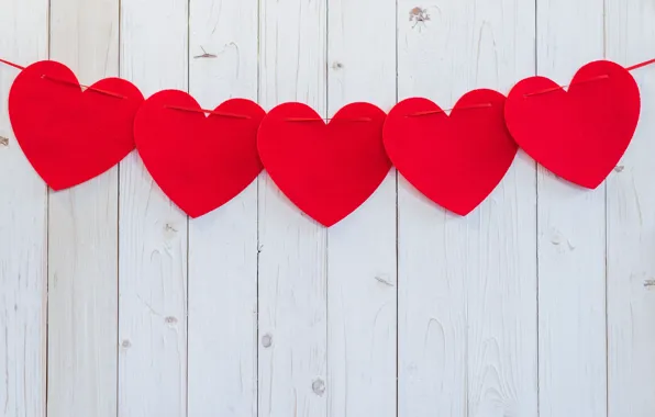 Hearts, Garland, Wooden background