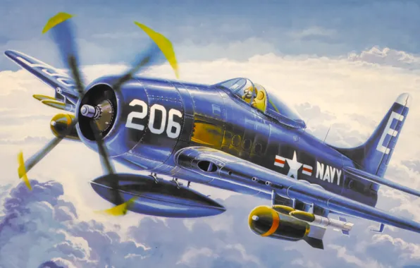Picture fighter, war, art, airplane, painting, aviation, attacker, F8F Bearcat