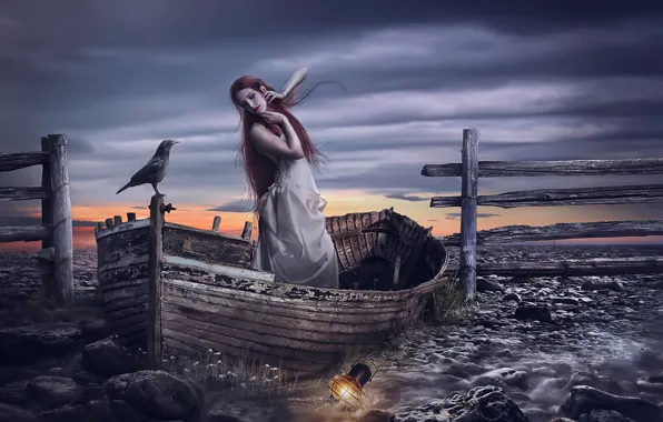 Girl, bird, boat, lantern, Raven, photo art