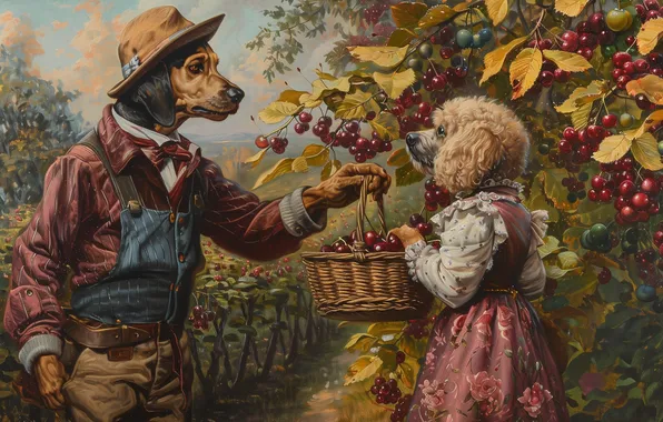 Dogs, summer, look, leaves, branches, cherry, berries, fantasy