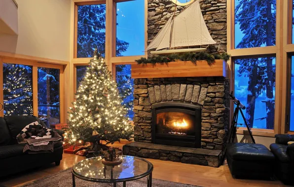 Picture lights, heat, gift, tree, new year, Christmas, fireplace, living room