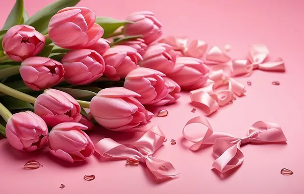 Flowers, holiday, bouquet, spring, tulips, pink, bows, buds