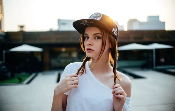 Picture look, girl, the sun, portrait, Mike, cap, brown hair, cute