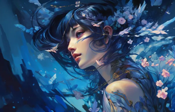 Look, girl, light, butterfly, flowers, fantasy, portrait, anime