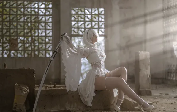 Beautiful, Asian, Model, pretty, Woman, Katana, Sword, White Hair