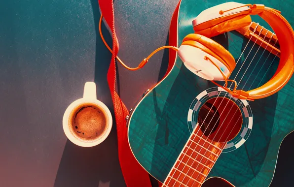 Picture music, background, stay, guitar, coffee, headphones, mug, drink