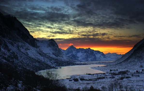 Winter, mountains, lake, morning, North