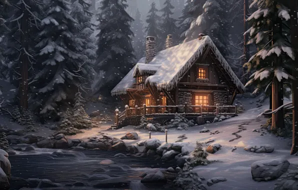 Winter, forest, snow, night, house, Christmas, New year, house