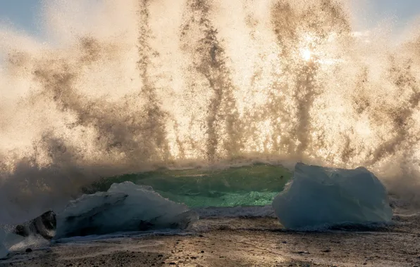 Ice, sea, wave, the sun, squirt, shore, surf