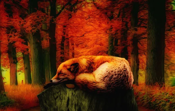Nature, fatigue, beauty, tale, Fox, autumn forest, Fantasy art, red foliage of trees