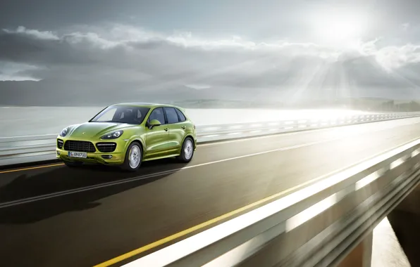 Road, speed, Porsche, jeep, green, Porsche Cayenne