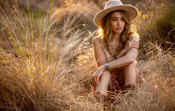 Grass, girl, pose, hat, hands, Samantha