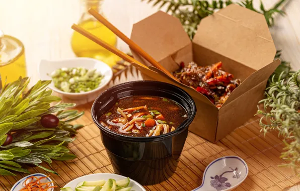 Sticks, soup, vegetables, noodles, Asian cuisine