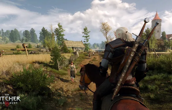 Picture the sky, trees, horse, field, the Witcher, Geralt of Rivia, The Witcher 3: Wild Hunt, …