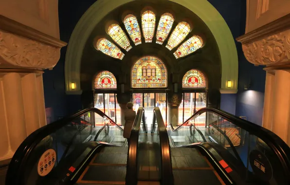 Australia, stained glass, Sydney, escalator, The Queen Victoria Building