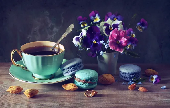 Flowers, coffee, Cup, nuts, Pansy, cakes, almonds, forget-me-nots
