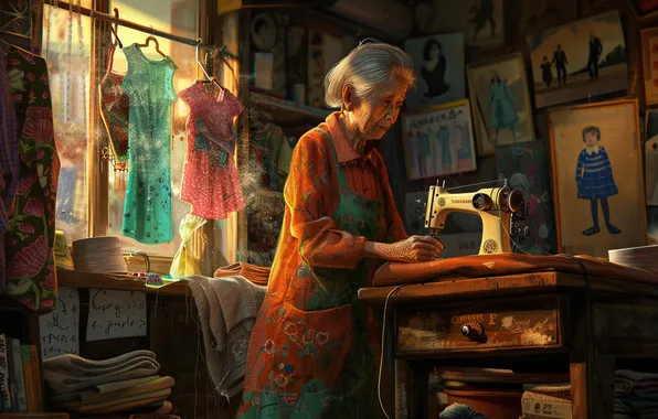 Picture Table, Grandma, Sewing machine, Digital art, Designer, Seamstress, AI art, The Art of Artificial Intelligence