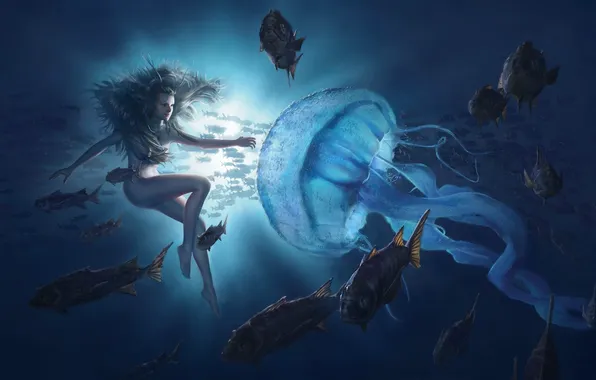 Sea, water, girl, the ocean, Medusa, fish, fantasy, art