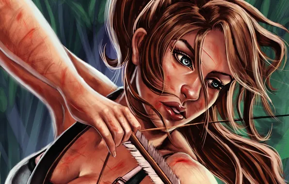 Picture girl, bow, art, cuts, arrow, lara croft, string, wounds