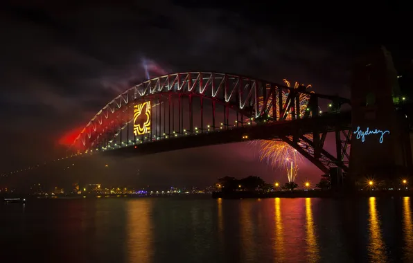Night, bridge, the city, river, photo, salute, Australia, Sydney