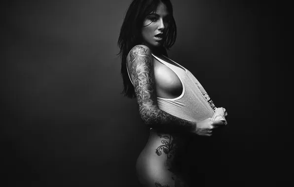 Girl, photo, body, Mike, brunette, tattoo, black and white, girl