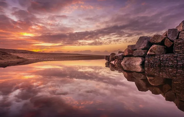 Water, landscape, sunset, reflection, river, rocks