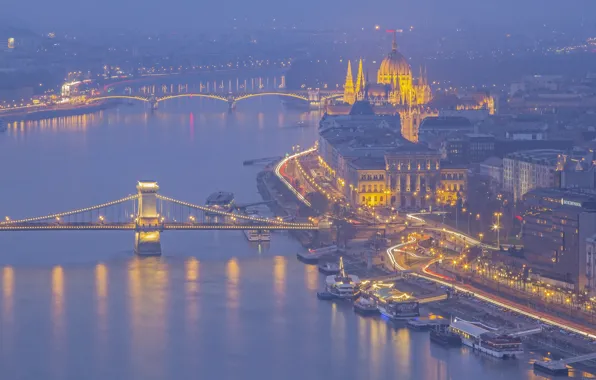 Lights, river, Parliament, haze, Hungary, Budapest, The Danube