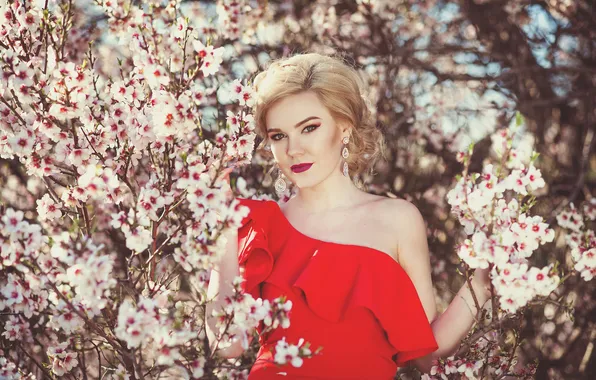 Look, girl, light, trees, flowers, branches, nature, pose