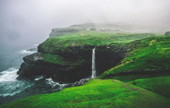 Sea, mountains, fog, rocks, shore, waterfall, morning, haze