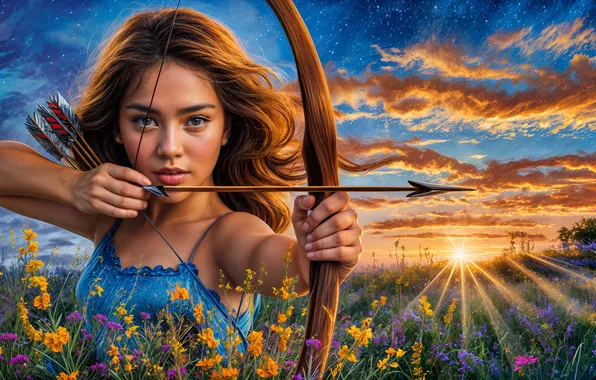 Field, girl, clouds, rays, sunset, flowers, nature, pose