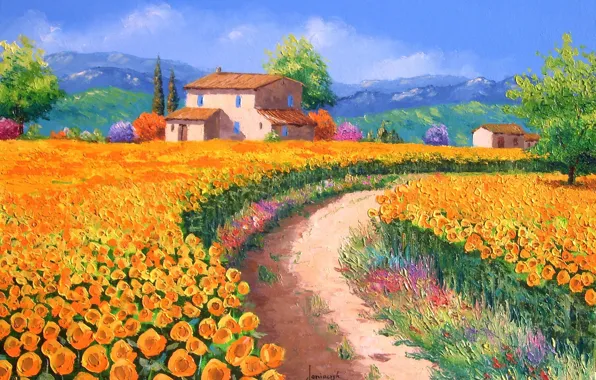 Road, field, trees, sunflowers, landscape, flowers, mountains, hills