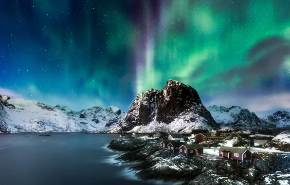 Picture sea, mountains, rocks, Norway, Northern lights, house, The Lofoten Islands