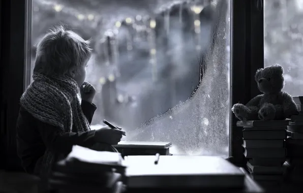 Winter, look, toy, books, child, boy, scarf, window