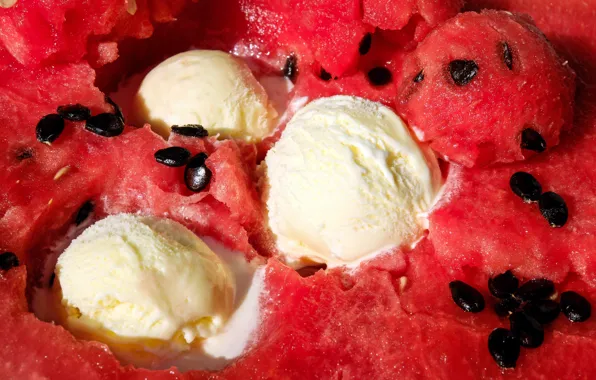 Balls, macro, watermelon, the flesh, ice cream, seeds, red background, in a watermelon