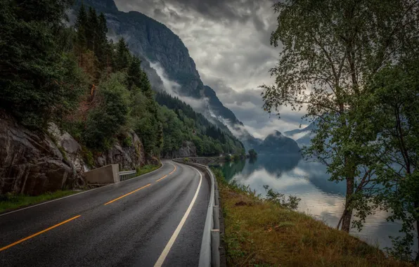 Picture road, trees, mountains, lake, Norway