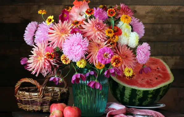 Picture autumn, flowers, apples, bouquet, colorful, watermelon, fruit, still life
