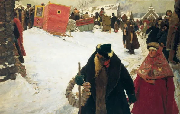 Picture oil, canvas, bagels, Russian winter, The arrival of foreigners. The XVII century. 1901, Sergei IVANOV