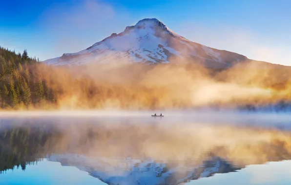 Fog, lake, boat, Oregon, USA, TRILLIUM, Mount Hood National Forest
