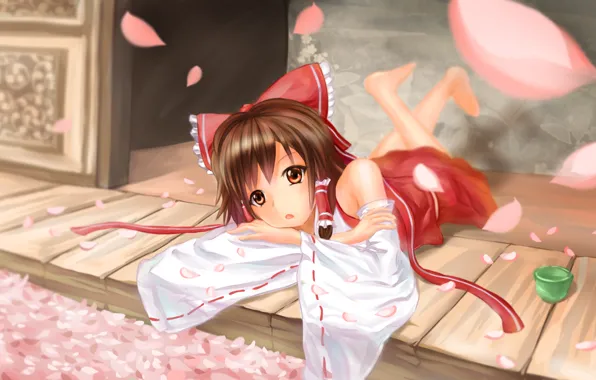 Girl, petals, Sakura, lies, bow, touhou, hakurei reimu