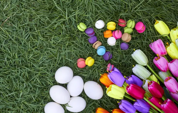 Grass, flowers, eggs, spring, colorful, Easter, tulips, wood