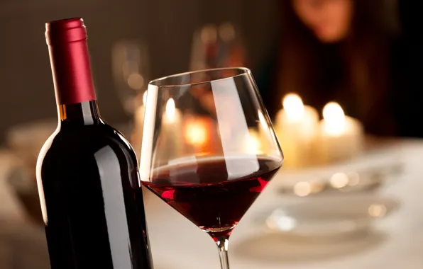 Picture table, wine, red, glass, bottle, candles, bokeh