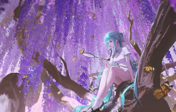 Girl, butterfly, Hatsune Miku, Vocaloid, Wisteria