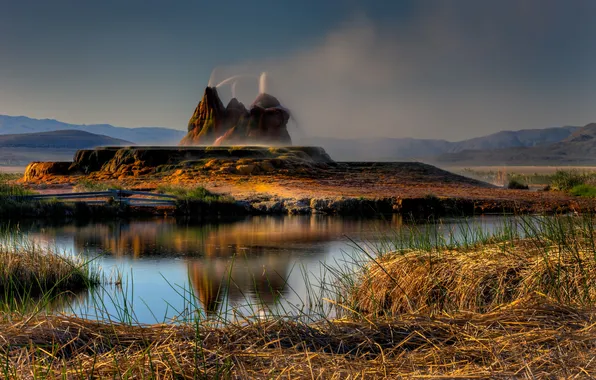 The sky, mountains, squirt, USA, Nevada, artificial, geyser, fly geyser