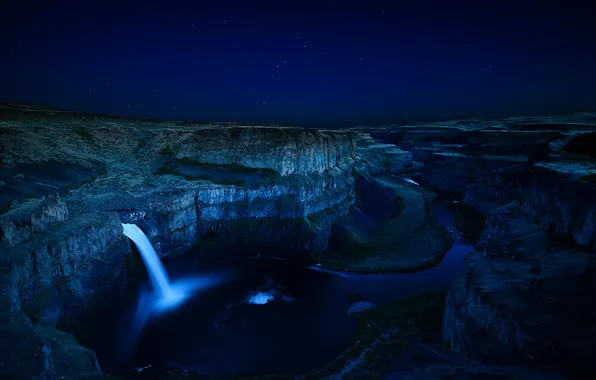 Picture the sky, stars, night, nature, river, waterfall, canyon