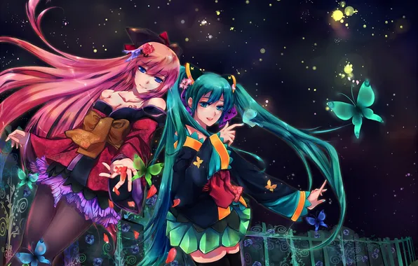 Picture butterfly, flowers, night, girls, the fence, vocaloid, hatsune miku, megurine luka