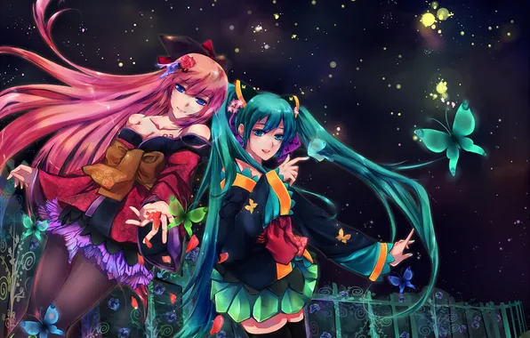 Butterfly, flowers, night, girls, the fence, vocaloid, hatsune miku, megurine luka