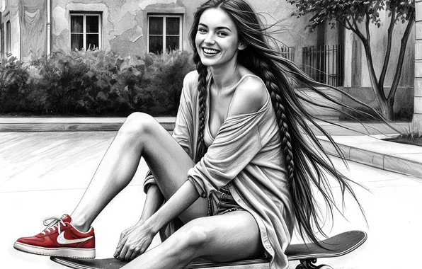 Picture girl, beautiful, skateboard, grin